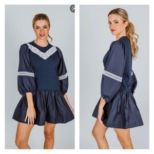 Tanya Taylor Kristie Mini Dress in Navy Blue and White Lace Poplin Sz M NEW